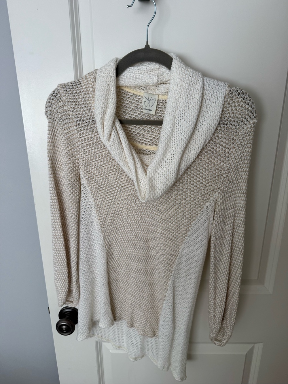 Ella Moss Two-Tone Cream and Beige Open Knit Cowl Neck Sweater